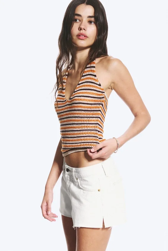 Gehäkeltes Neckholder-Top – gestreift, orange Gehäkeltes Neckholder-Top – gestreift, orange