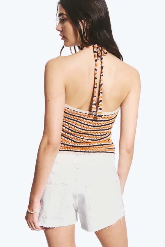 Gehäkeltes Neckholder-Top – gestreift, orange Gehäkeltes Neckholder-Top – gestreift, orange