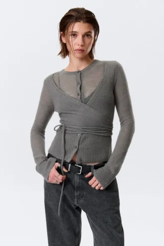 Geknöpfte Strickjacke aus Wollmischung mit Wickeleffekt – Grau
