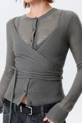 Geknöpfte Strickjacke aus Wollmischung mit Wickeleffekt – Grau