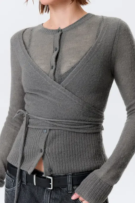 Geknöpfte Strickjacke aus Wollmischung mit Wickeleffekt – Grau Geknöpfte Strickjacke aus Wollmischung mit Wickeleffekt – Grau