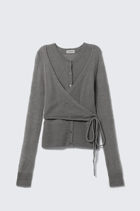 Geknöpfte Strickjacke aus Wollmischung mit Wickeleffekt – Grau Geknöpfte Strickjacke aus Wollmischung mit Wickeleffekt – Grau