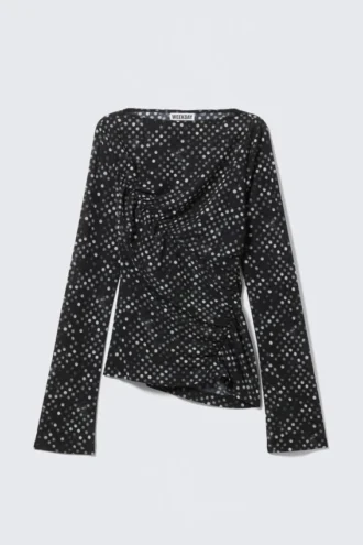 Gerafftes, bedrucktes Mesh-Oberteil – schwarze Polka-Dots