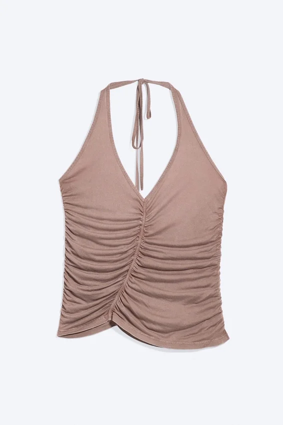 Gerafftes Jersey-Haltertop – gewaschenes Braun Gerafftes Jersey-Haltertop – gewaschenes Braun
