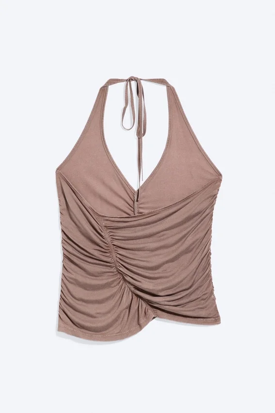 Gerafftes Jersey-Haltertop – gewaschenes Braun Gerafftes Jersey-Haltertop – gewaschenes Braun