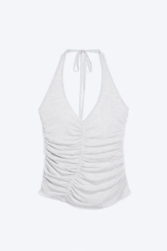 Gerafftes Jersey-Haltertop – Grau meliert Gerafftes Jersey-Haltertop – Grau meliert