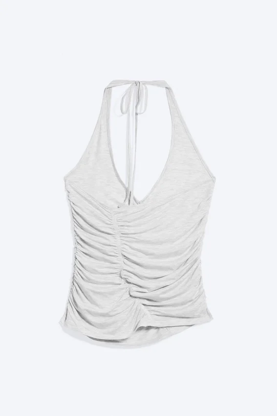 Gerafftes Jersey-Haltertop – Grau meliert Gerafftes Jersey-Haltertop – Grau meliert