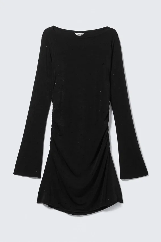 Gerafftes, langärmeliges Minikleid mit U-Boot-Ausschnitt – Schwarz – Strasssteine Gerafftes, langärmeliges Minikleid mit U-Boot-Ausschnitt – Schwarz – Strasssteine
