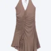 Gerafftes Neckholder-Mini-Kleid – gewaschenes Braun