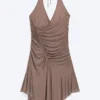 Gerafftes Neckholder-Mini-Kleid – gewaschenes Braun