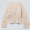 Gerafftes Popeline-Hemd mit V-Ausschnitt – Beige