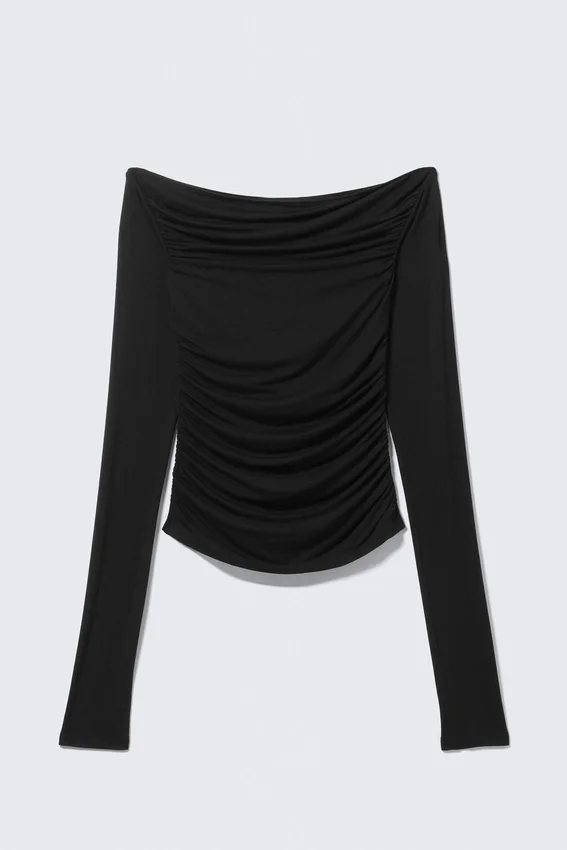 Gerafftes, schulterfreies Langarmshirt – Schwarz Gerafftes, schulterfreies Langarmshirt – Schwarz