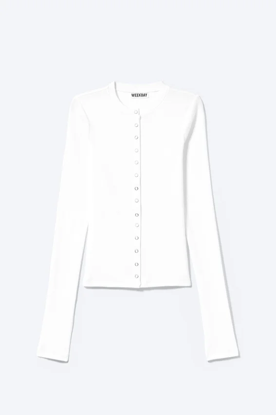 Gerippte Langarm-Strickjacke – Weiß Gerippte Langarm-Strickjacke – Weiß