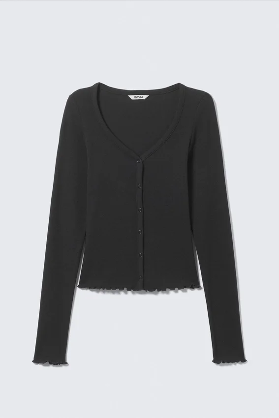 Gerippte, langärmelige Pyjama-Strickjacke – Schwarz Gerippte, langärmelige Pyjama-Strickjacke – Schwarz
