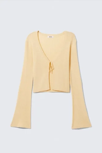 Gerippte Strickjacke mit Bindeband vorne – Hellgelb