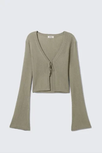 Gerippte Strickjacke mit Bindeband vorne – Khaki-Grün