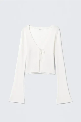 Gerippte Strickjacke mit Bindeband vorne – Weiß