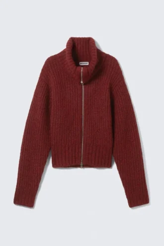 Gerippte Strickjacke mit Reißverschluss – Dunkelrot meliert