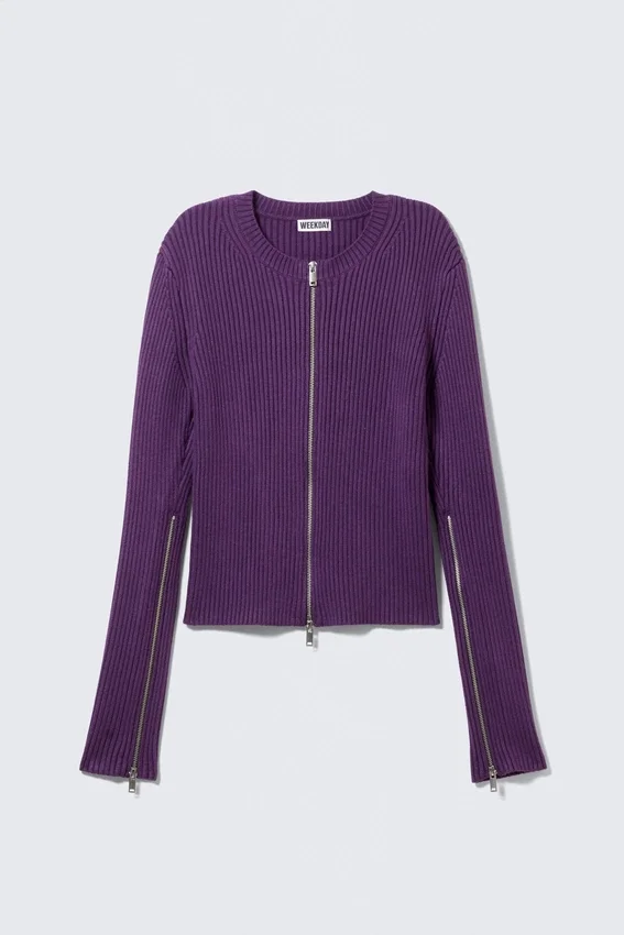 Gerippte, taillierte Strickjacke mit Reißverschluss – Dunkelviolett Gerippte, taillierte Strickjacke mit Reißverschluss – Dunkelviolett