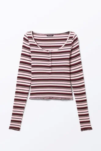 Geripptes Mini-Henley-Top – Dunkelrot & rosa Streifen