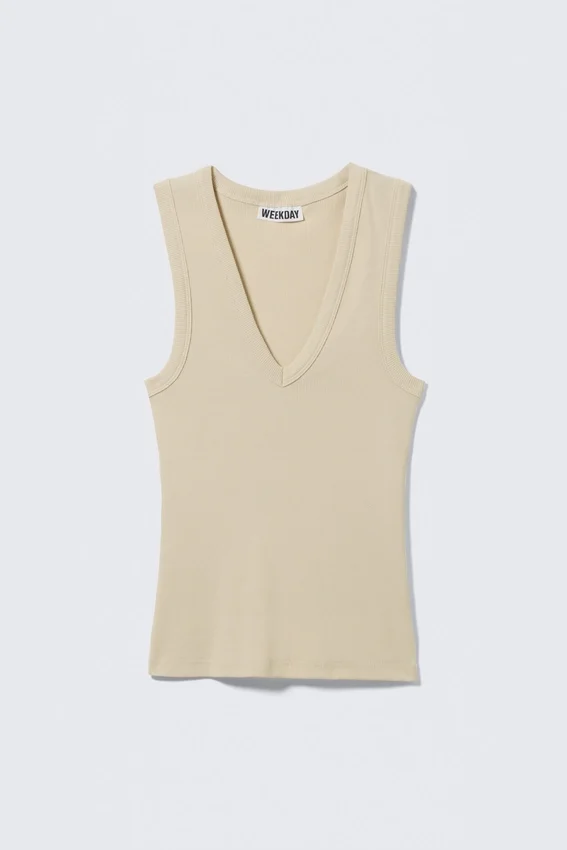 Geripptes Tanktop mit V-Ausschnitt – Hellbeige Geripptes Tanktop mit V-Ausschnitt – Hellbeige