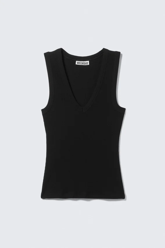 Geripptes Tanktop mit V-Ausschnitt – Schwarz Geripptes Tanktop mit V-Ausschnitt – Schwarz