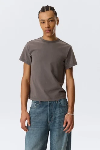 Geschrumpftes, kurzärmeliges Baumwoll-T-Shirt – Dunkelgrau