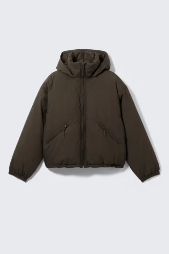 Gesteppte Daunenjacke mit Kapuze – Dunkelbraun