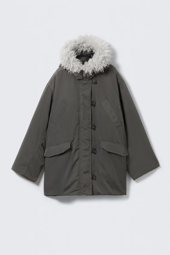 Gesteppter Bomber-Parka mit Kunstfellbesatz – Dunkelgrau Gesteppter Bomber-Parka mit Kunstfellbesatz – Dunkelgrau