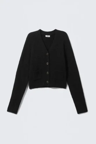 Gestreifte Strickjacke mit V-Ausschnitt – Schwarz