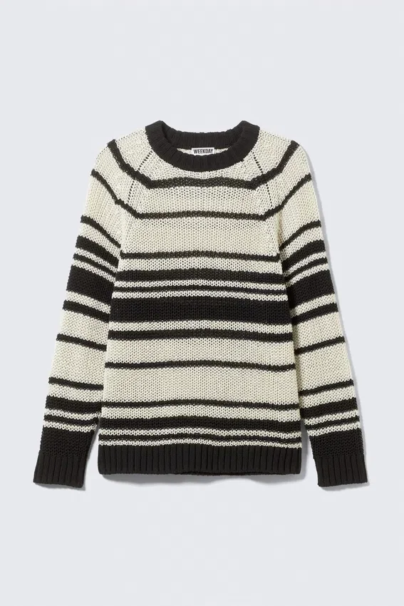 Gestreifter Strickpullover mit Raglanärmeln – Gestreift Beige Gestreifter Strickpullover mit Raglanärmeln – Gestreift Beige