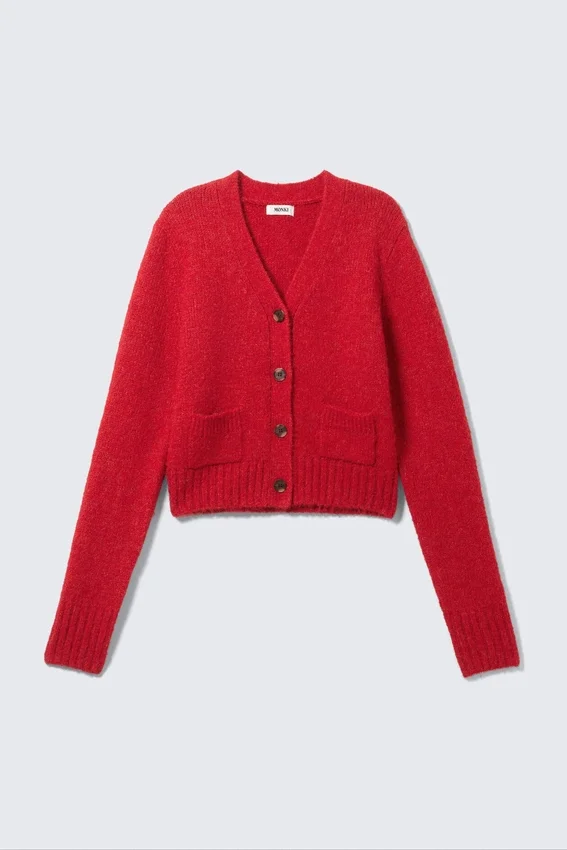 Gestreite Strickjacke mit V-Ausschnitt – leuchtend rot Gestreite Strickjacke mit V-Ausschnitt – leuchtend rot