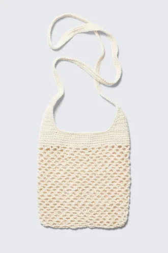 Gestrickte Baumwoll-Umhängetasche – Staubweiß