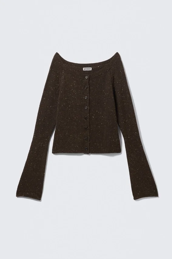 Gestrickte Strickjacke aus Wollmischung mit Noppen – Dunkelbraun meliert Gestrickte Strickjacke aus Wollmischung mit Noppen – Dunkelbraun meliert