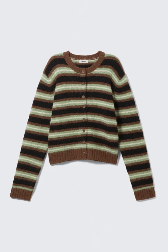 Gestrickte Strickjacke mit Knopfleiste – Braun/Schwarz/Grün gestreift Gestrickte Strickjacke mit Knopfleiste – Braun/Schwarz/Grün gestreift