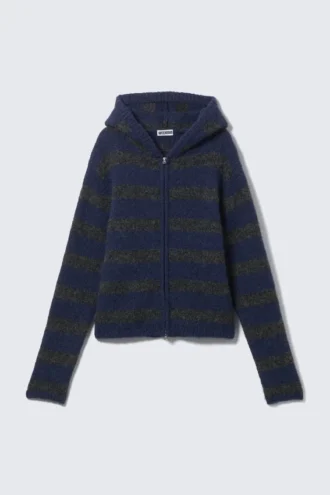 Gestrickter Kapuzenpullover aus Wollmischung mit Reißverschluss – Blau-grau gestreift Gestrickter Kapuzenpullover aus Wollmischung mit Reißverschluss – Blau-grau gestreift