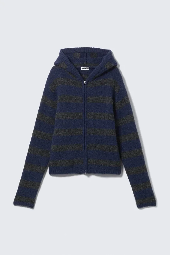 Gestrickter Kapuzenpullover aus Wollmischung mit Reißverschluss – Blau-grau gestreift Gestrickter Kapuzenpullover aus Wollmischung mit Reißverschluss – Blau-grau gestreift