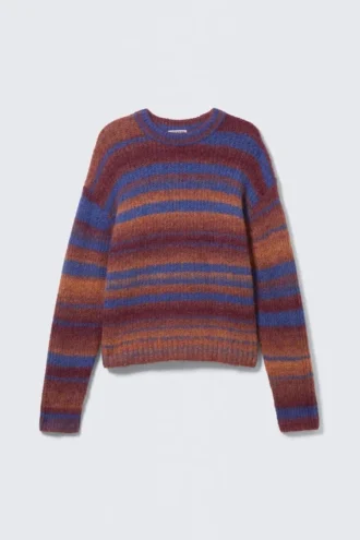 Gestrickter Space-Dye-Pullover mit Rundhalsausschnitt – Orange mit mehreren Streifen