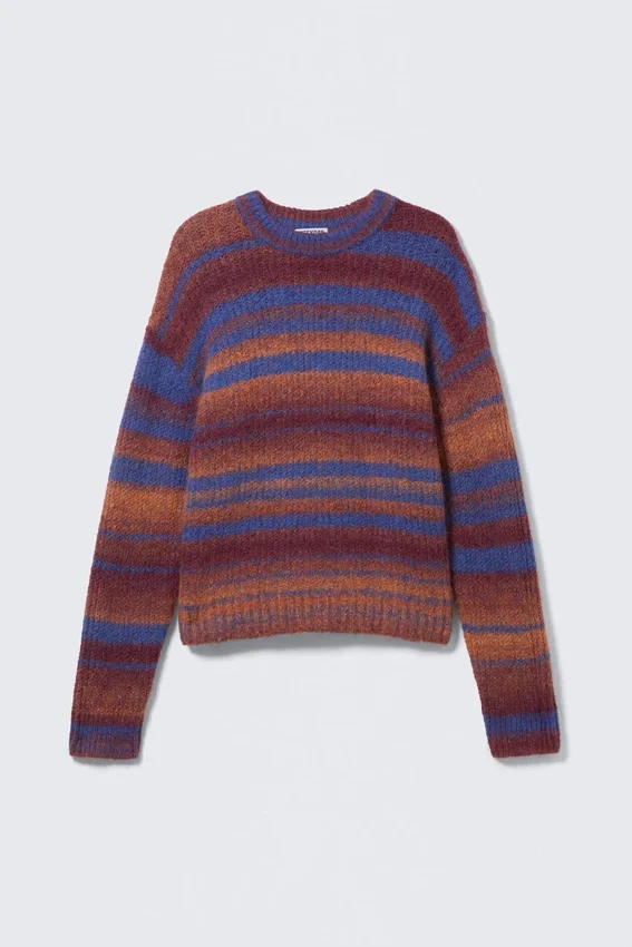 Gestrickter Space-Dye-Pullover mit Rundhalsausschnitt – Orange mit mehreren Streifen Gestrickter Space-Dye-Pullover mit Rundhalsausschnitt – Orange mit mehreren Streifen