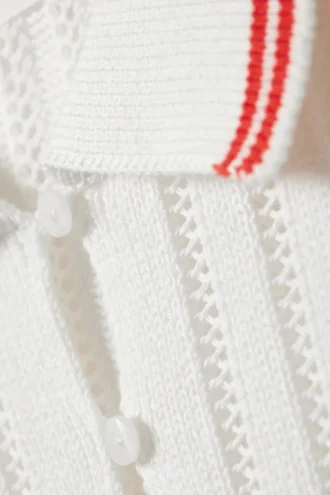 Gestricktes kurzärmeliges Baumwoll-Polohemd – Weiß – Rote Streifen