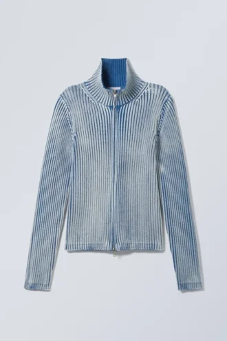 Gewaschene Strickjacke mit Stehkragen und Reißverschluss – gewaschenes Blau Gewaschene Strickjacke mit Stehkragen und Reißverschluss – gewaschenes Blau