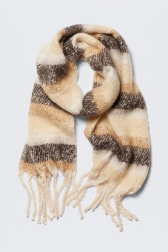 Grobstrick-Schal mit Fransen – gestreift, beige