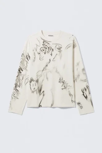 Großes, kastenförmiges Langarmshirt mit Print – Weiß – Sketch Book
