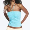 Halter-Bandeau-Top – Weiß-türkisfarbene Streifen