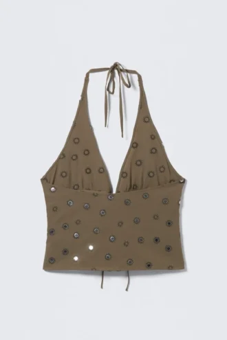 Haltertop mit Bindeband vorne – Dark Mole – Pailletten