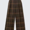 Hose mit hoher Taille und weitem Bein – kariert, braun Hose mit hoher Taille und weitem Bein – kariert, braun