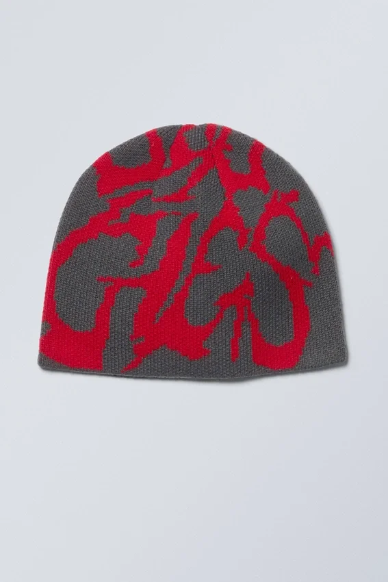 Jacquard-Strickmütze – Dunkelgrau/Leuchtend rotes Jacquard Jacquard-Strickmütze – Dunkelgrau/Leuchtend rotes Jacquard
