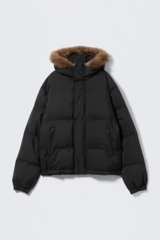 Kapuzen-Daunenjacke mit Kunstfellbesatz – Schwarz
