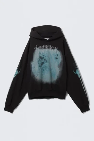 Kapuzenpullover mit Print, lockere Passform – Schwarz – Drache