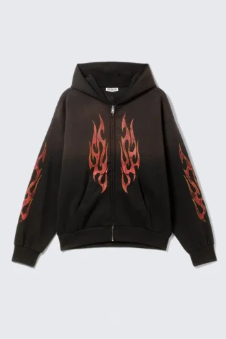 Kapuzenpullover mit Print und Reißverschluss – Schwarz – Worn-Out Flame